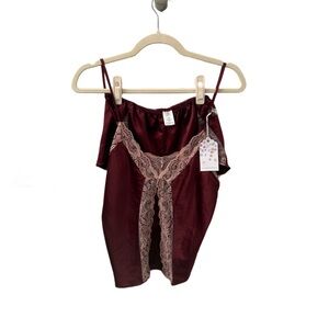 NWT In Bloom Burgundy Lacey 2-Piece Lace-Trimmed Satin Camisole - SIZE S